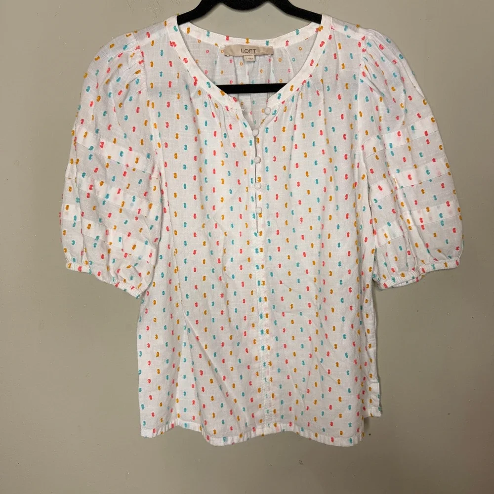 LOFT Clipped Dot Blouse Women Small White Multi Puff Sleeve Cotton Top